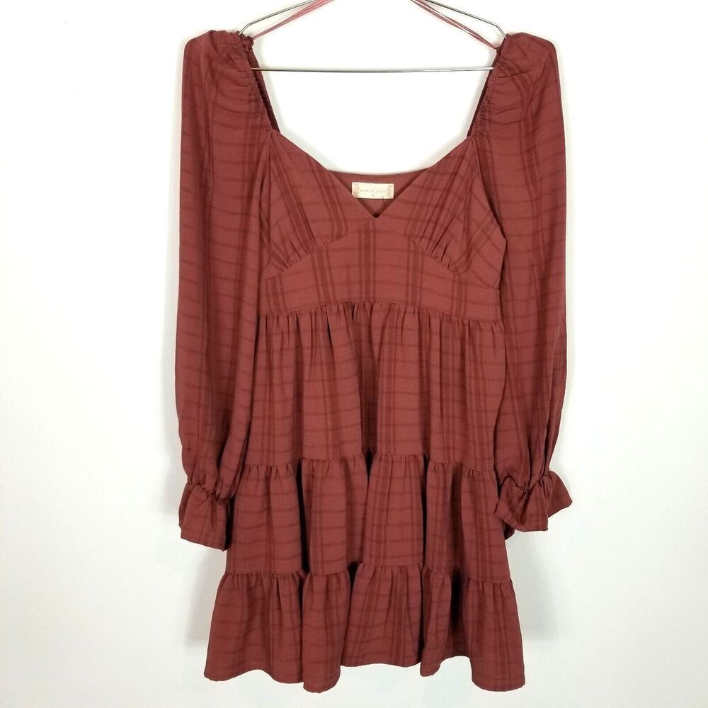 Altar'd State Women Natalie Plaid Tiered Mini Dress Sz XS Party Boho Long Sleeve